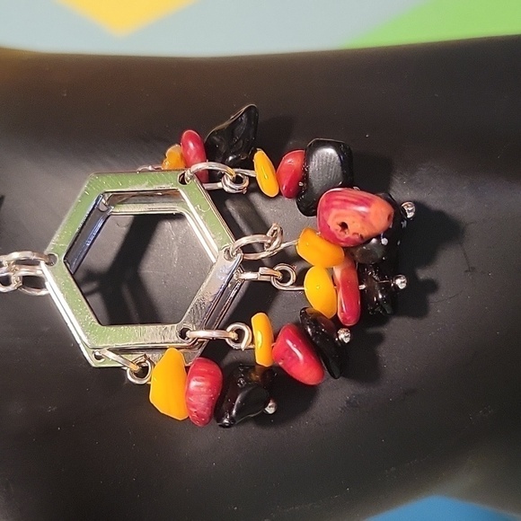 New Handmade Hexagon Shaped Fire Color Natural Stone Dangle Earrings Gift Box - Picture 2 of 5